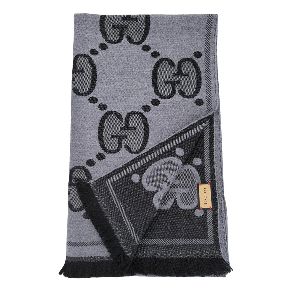 🔥🔥🔥 AUTHENTIC GUCCI - GG Black/Grey Wool Scarf - Picture 2 of 11